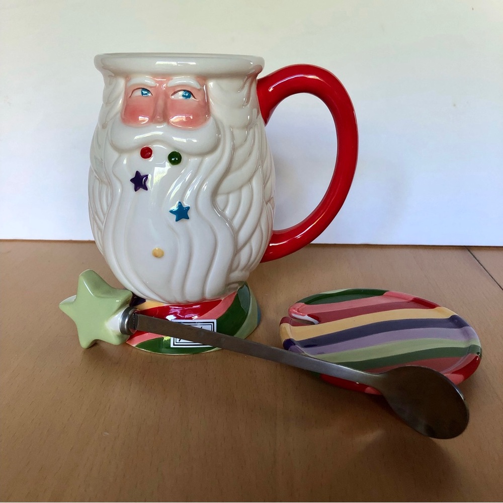 Dept 56 Christmas Santa Lidded Coffee Mug Stir Spoon Rainbow Holiday Ceramic